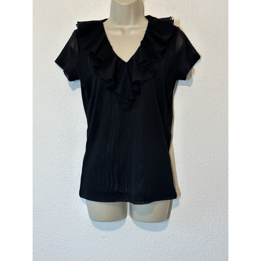 Lauren‎ Ralph Lauren Black Ruffled V Neck Blouse Short Sleeve Medium Dainty